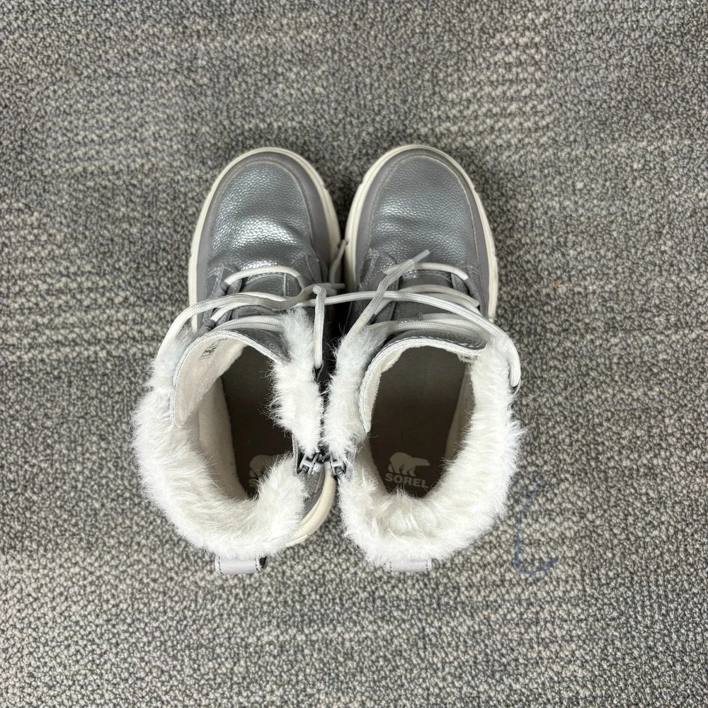 Sorel Explorer III Lace Kids Size 3 Silver Waterproof Faux Fur Winter Boots